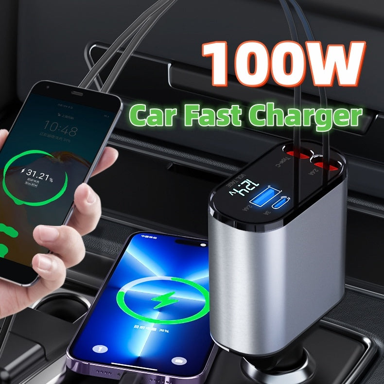 100W Metal Car Charger, USB & Type-C, Super Fast Charging Adapter