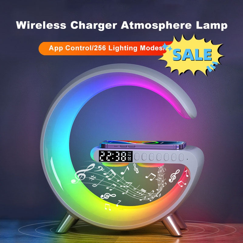 G-Shaped LED Lamp, Bluetooth Speaker, Wireless Charger, App Control.